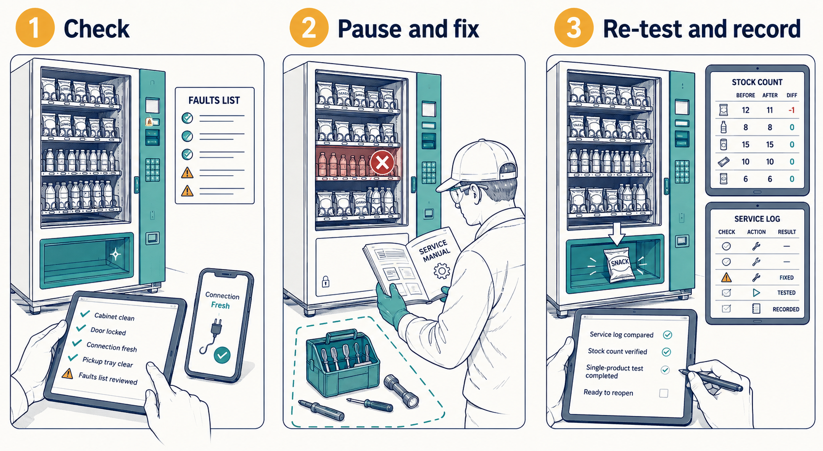 Inspect daily condition and faults, pause the affected lane for repair and perform a supervised verification before reopening.