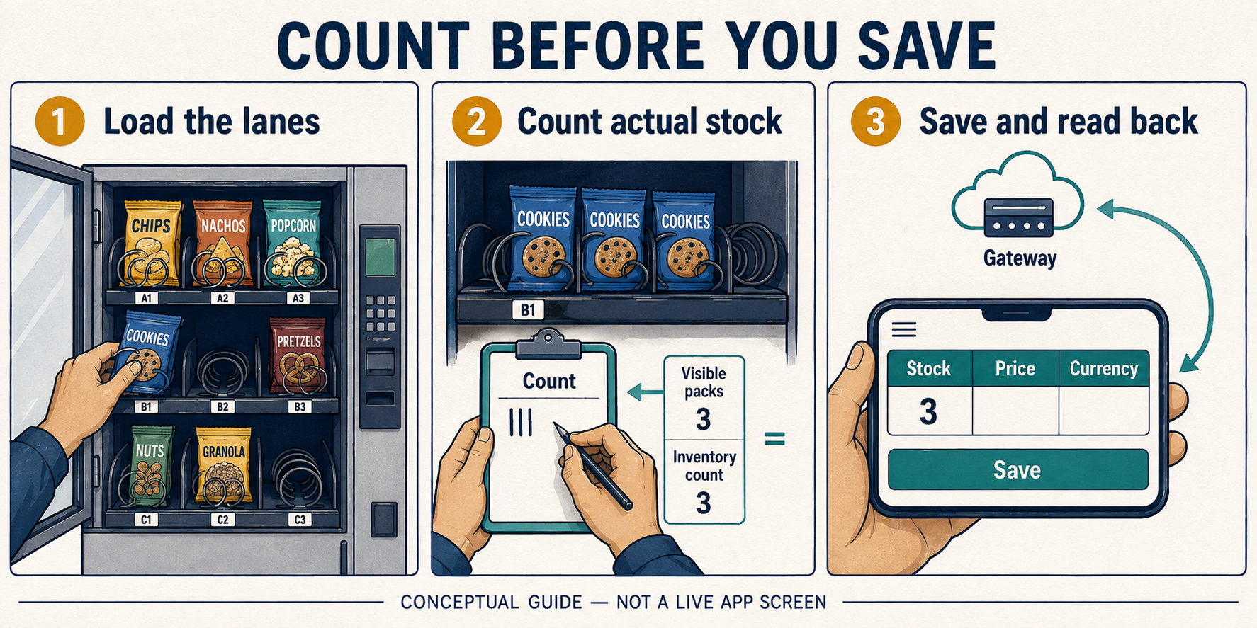 Place products in their physical lanes, count the actual quantity and verify the saved price, currency and stock on the cabinet.