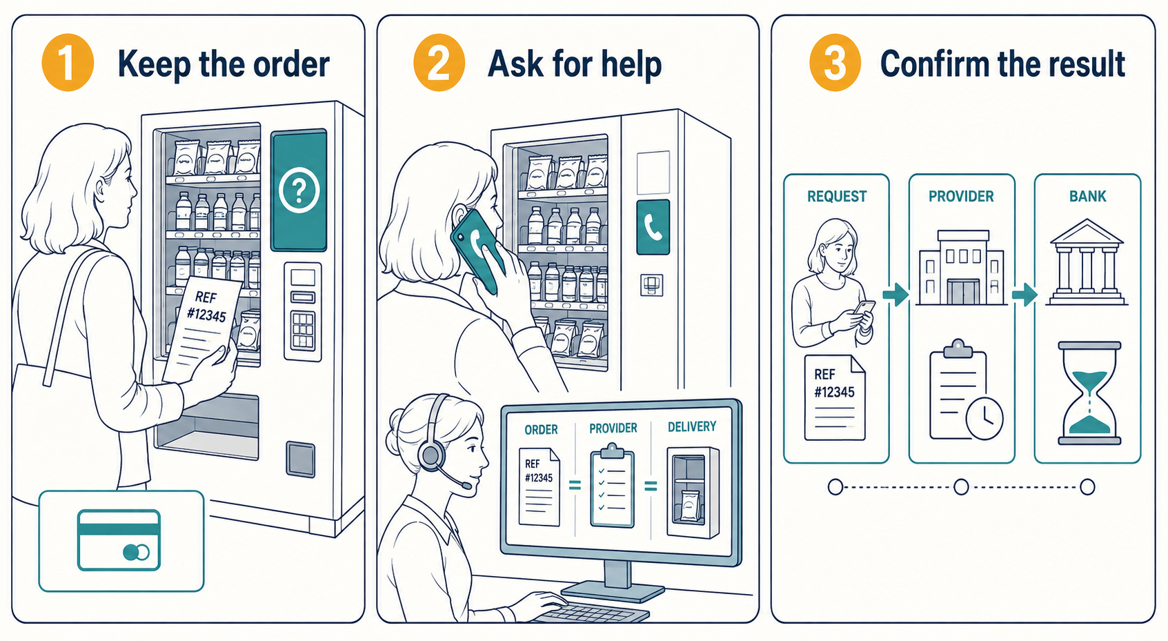 Keep the original order, contact the cabinet operator and distinguish refund processing from money actually returned by the bank.