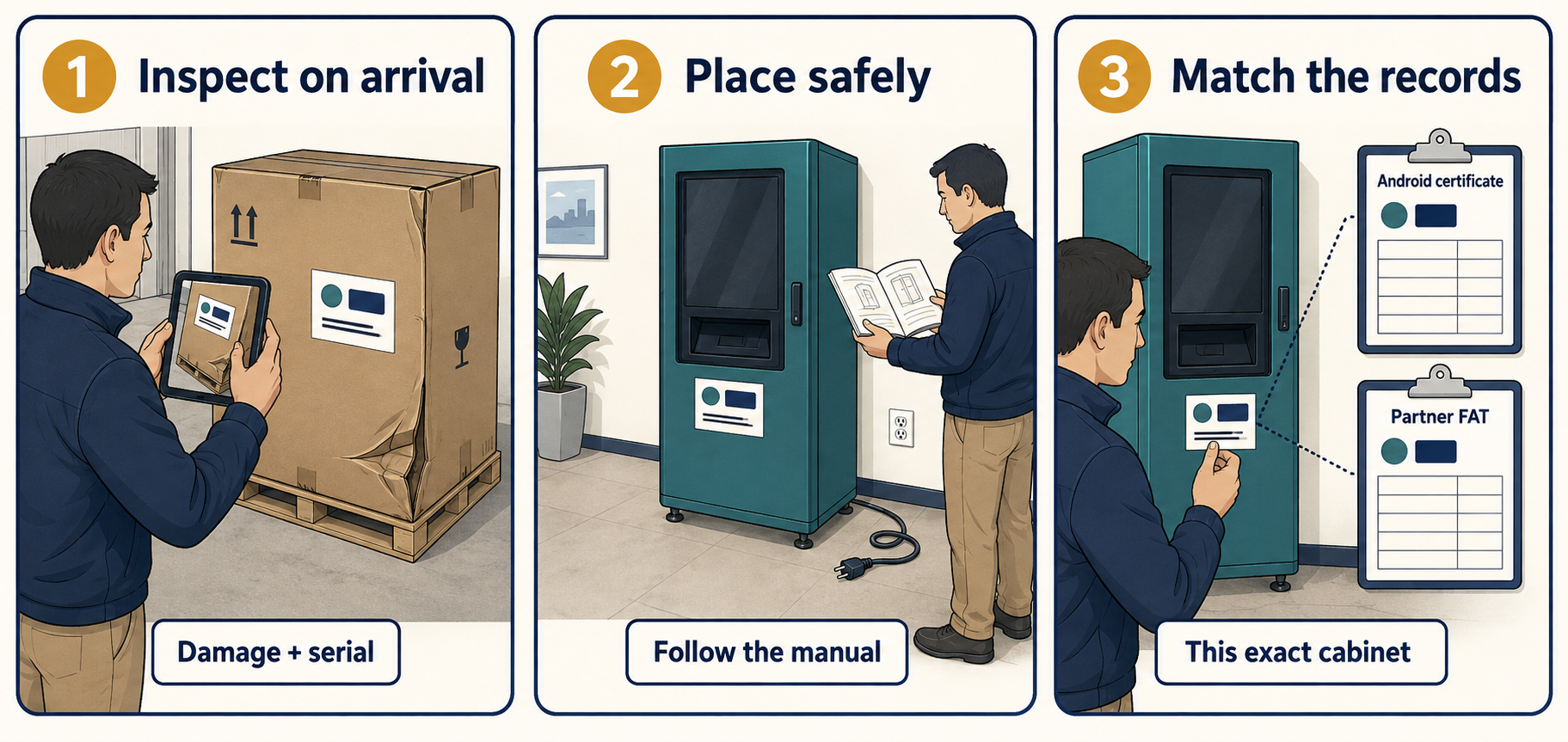 Inspect cabinet condition, installed placement and power requirements against the actual handover evidence.