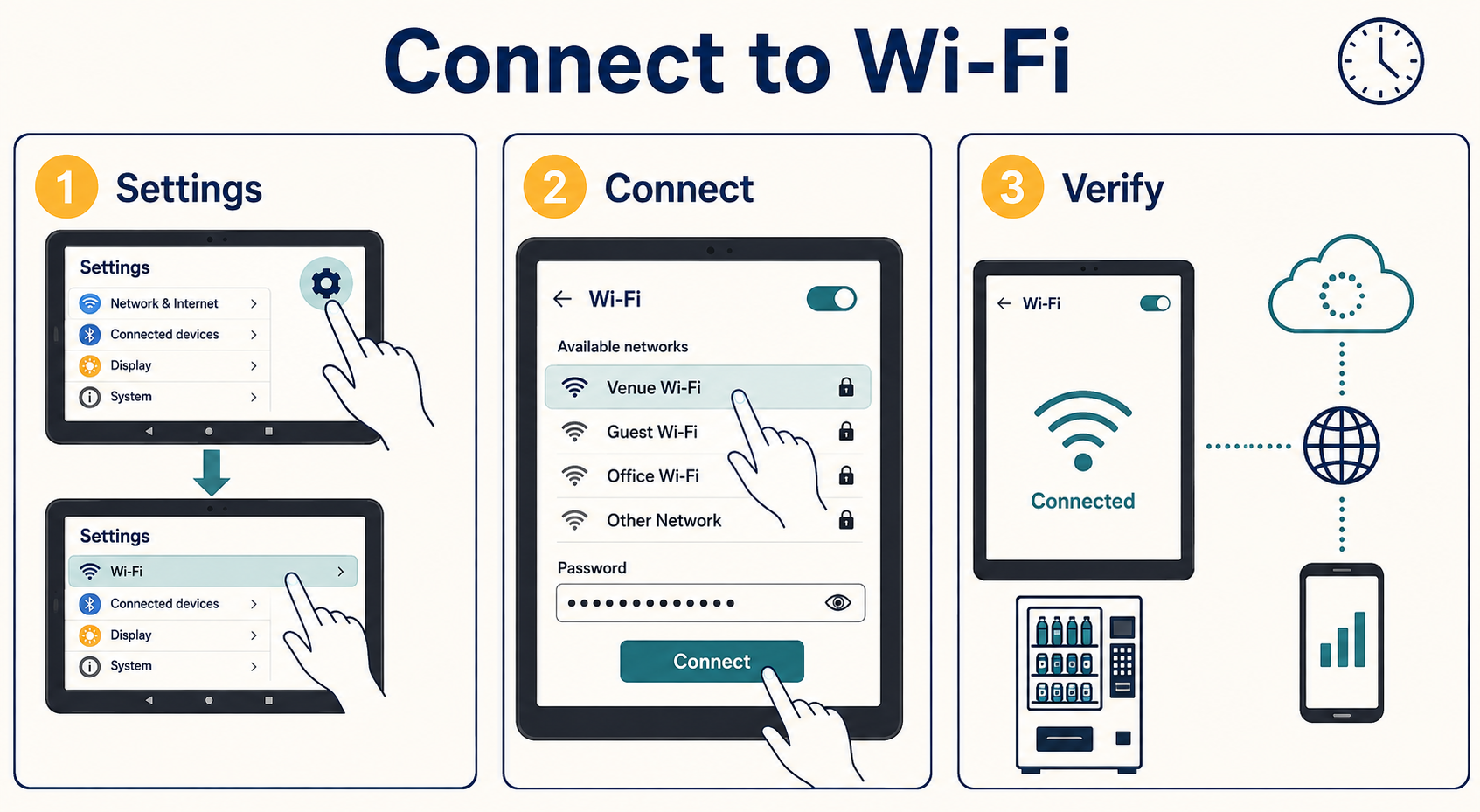 Join the intended venue network through authorized Android settings, then verify gateway connectivity separately.