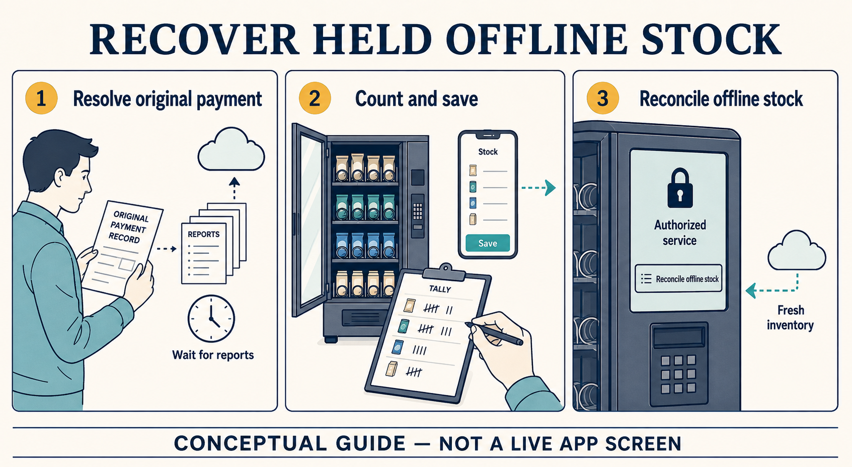 Resolve the original payment and wait for queued reports, physically count and save matching cloud stock, then use authorized cabinet service to fetch fresh inventory.